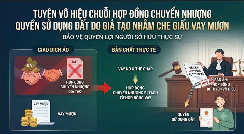 Phân tích án lệ tuyên vô hiệu chuỗi hợp đồng chuyển nhượng quyền sử dụng đất do giả tạo nhằm che giấu quan hệ vay mượn tài sản. Bài học pháp lý về người thứ ba ngay tình.