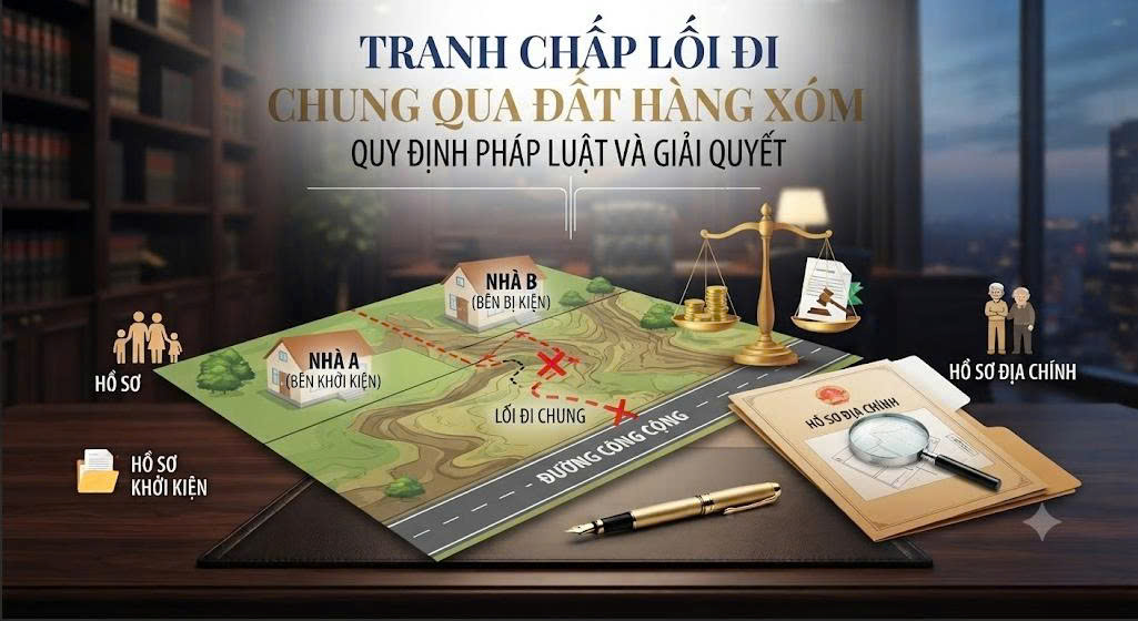 Hướng dẫn giải quyết tranh chấp lối đi chung qua đất hàng xóm, quy định về quyền trổ cửa và thủ tục pháp lý từ Việt Luật Group.