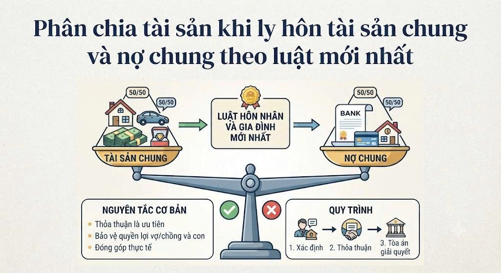 Hướng dẫn chi tiết quy định pháp luật về phân chia tài sản khi ly hôn, cách xác định nợ chung, tài sản riêng và trình tự khởi kiện tại Tòa án.