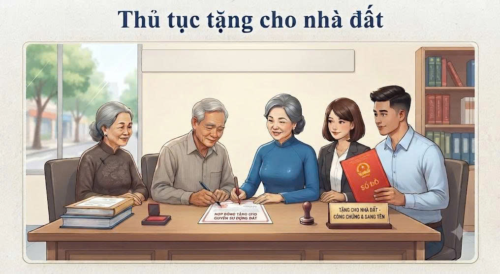 Hướng dẫn chi tiết thủ tục tặng cho nhà đất giữa bố mẹ và con cái, danh mục hồ sơ tặng cho nhà đất, các khoản thuế phí tặng cho nhà đất từ Việt Luật Group.